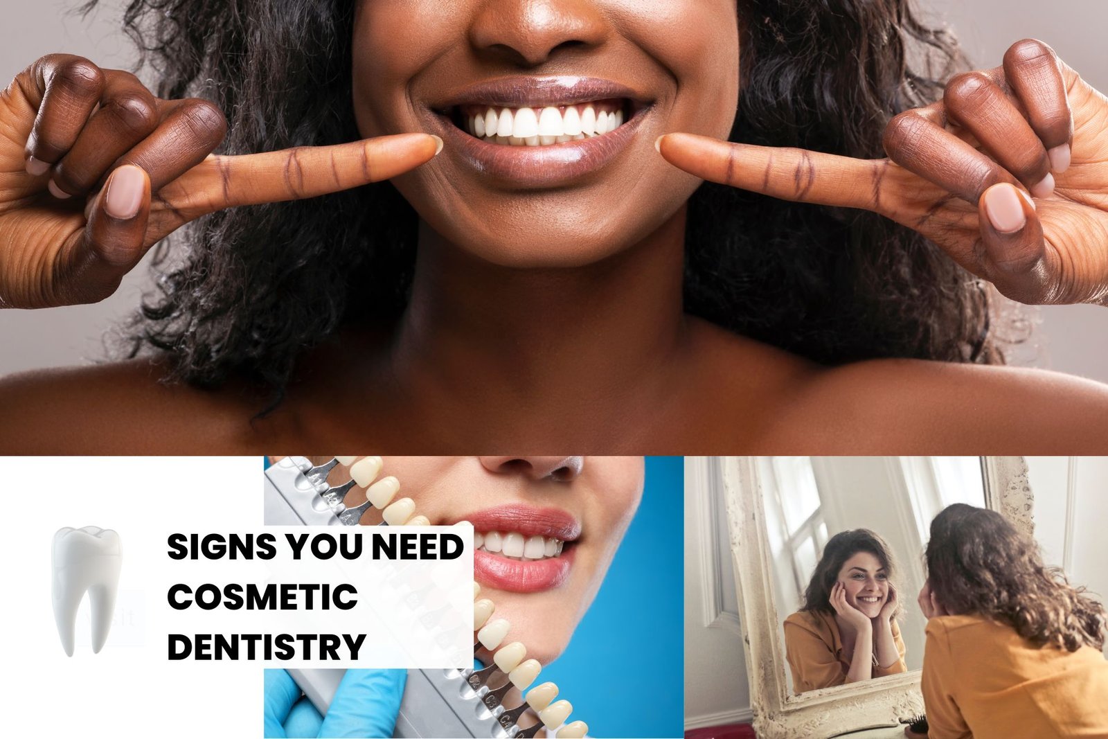 smiling women pointing at teeth