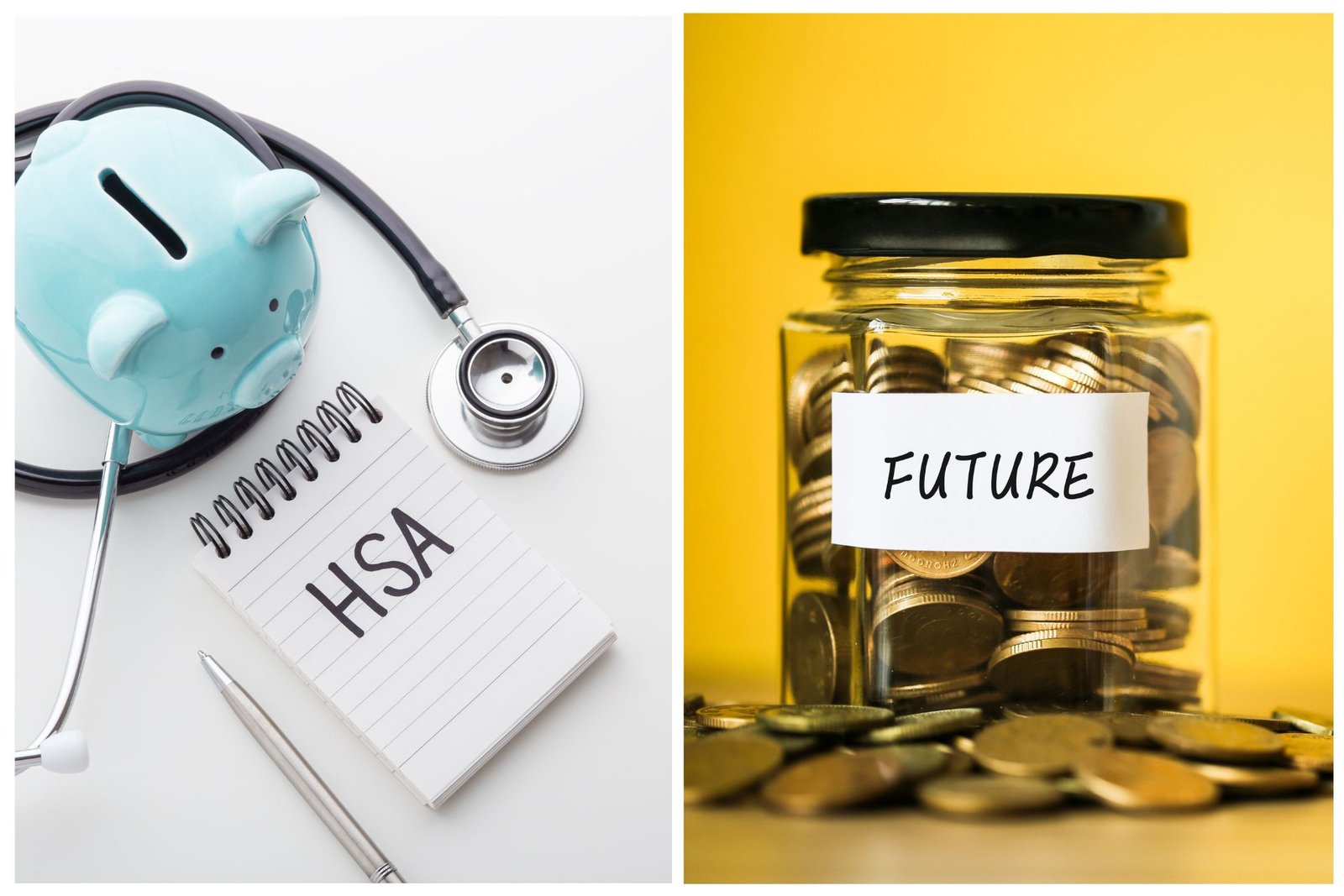 piggy bank next to a stethoscope and notepad with "HSA" written on it