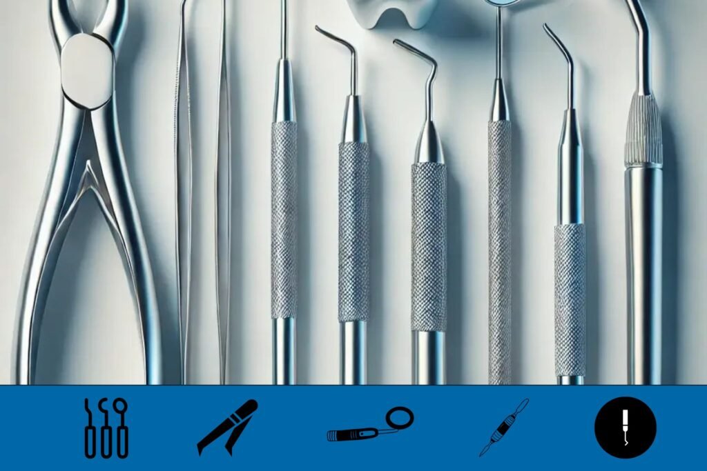 a lineup of dental tools on a grey background